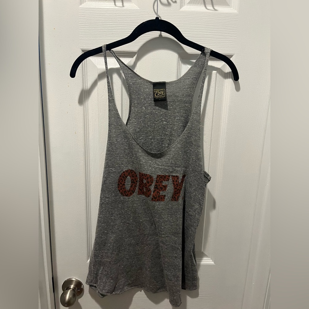 Obey Heather Gray Tank Top with Leopard Print Logo